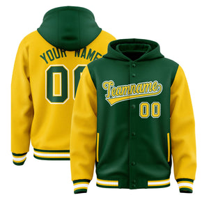 Custom Green Gold Raglan Sleeves Varsity Full-Snap Letterman Two Tone Hoodie Jacket