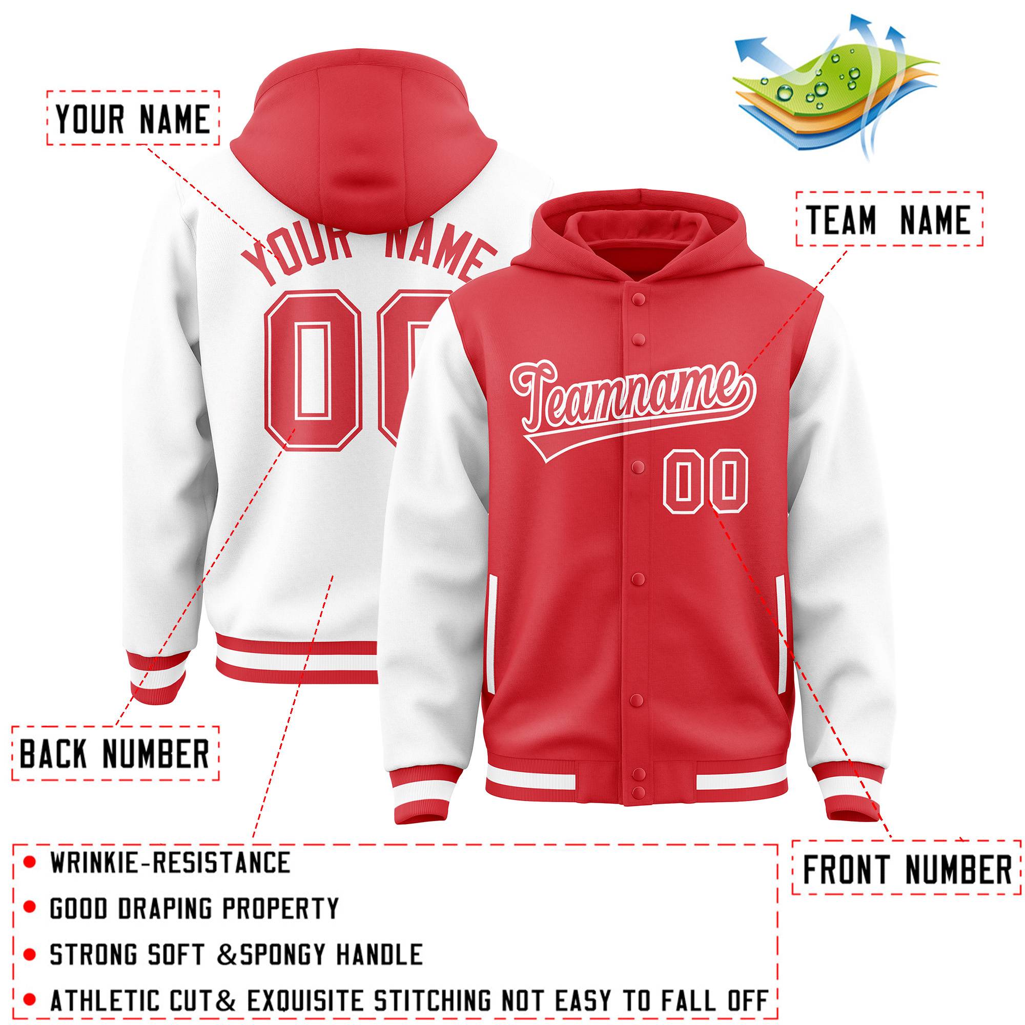 Custom Light Red White Raglan Sleeves Varsity Full-Snap Letterman Two Tone Hoodie Jacket