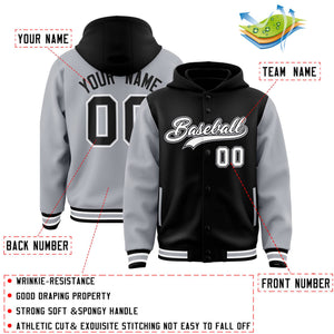 Custom Black Gray Raglan Sleeves Varsity Full-Snap Letterman Two Tone Hoodie Jacket