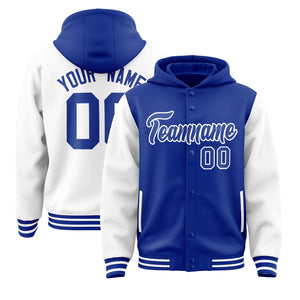 Custom Royal White Raglan Sleeves Varsity Full-Snap Letterman Two Tone Hoodie Jacket