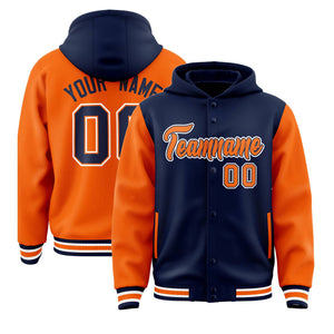 Custom Navy Orange Raglan Sleeves Varsity Full-Snap Letterman Two Tone Hoodie Jacket