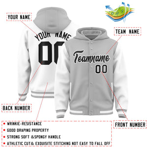 Custom Gray White Raglan Sleeves Varsity Full-Snap Letterman Two Tone Hoodie Jacket