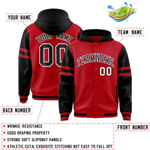 Custom Red Black Raglan Sleeves Varsity Full-Snap Letterman Three Stripes Hoodie Jacket