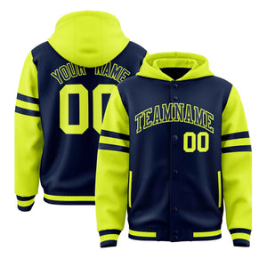 Custom Navy Fluorescent Green Raglan Sleeves Varsity Full-Snap Letterman Three Stripes Hoodie Jacket