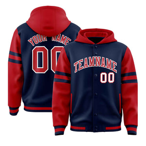 Custom Navy Red Raglan Sleeves Varsity Full-Snap Letterman Three Stripes Hoodie Jacket