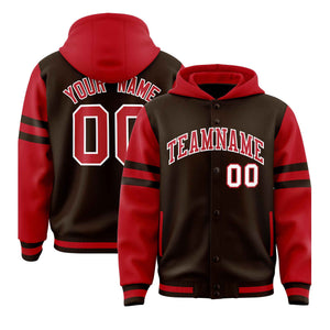 Custom Brown Red Raglan Sleeves Varsity Full-Snap Letterman Three Stripes Hoodie Jacket