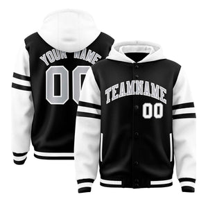 Custom Black White Raglan Sleeves Varsity Full-Snap Letterman Three Stripes Hoodie Jacket