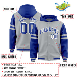 Custom Silver Royal Raglan Sleeves Varsity Full-Snap Letterman Three Stripes Hoodie Jacket