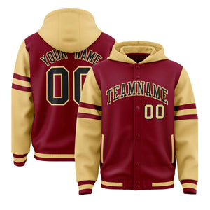 Custom Crimson Khaki Raglan Sleeves Varsity Full-Snap Letterman Three Stripes Hoodie Jacket