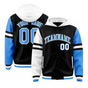 Custom Black White-Powder Blue Raglan Sleeves Varsity Full-Snap Letterman Three Stripes Hoodie Jacket