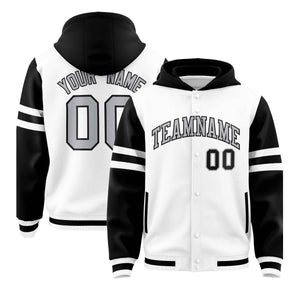 Custom White Black Raglan Sleeves Varsity Full-Snap Letterman Three Stripes Hoodie Jacket