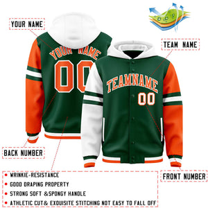 Custom Green White-Orange Raglan Sleeves Varsity Full-Snap Letterman Three Stripes Hoodie Jacket