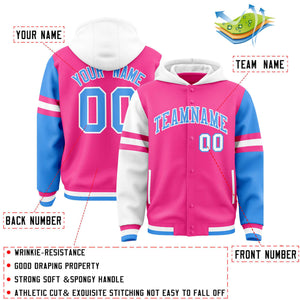 Custom Pink White-Powder Blue Raglan Sleeves Varsity Full-Snap Letterman Three Stripes Hoodie Jacket