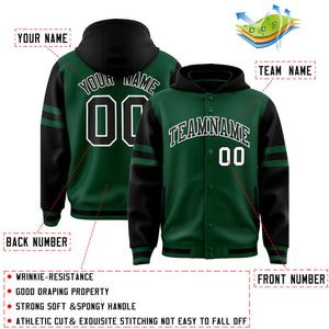 Custom Green Black Raglan Sleeves Varsity Full-Snap Letterman Three Stripes Hoodie Jacket