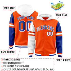 Custom Orange White-Royal Raglan Sleeves Varsity Full-Snap Letterman Three Stripes Hoodie Jacket