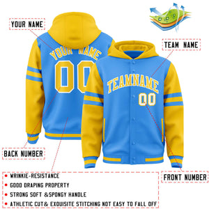 Custom Powder Blue Gold Raglan Sleeves Varsity Full-Snap Letterman Three Stripes Hoodie Jacket