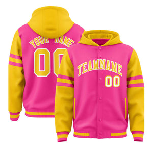 Custom Pink Gold Raglan Sleeves Varsity Full-Snap Letterman Three Stripes Hoodie Jacket