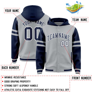 Custom Silver Navy Raglan Sleeves Varsity Full-Snap Letterman Three Stripes Hoodie Jacket