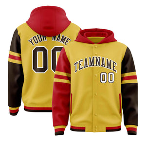 Custom Old Gold Red-Brown Raglan Sleeves Varsity Full-Snap Letterman Three Stripes Hoodie Jacket