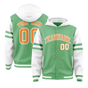 Custom Light Green White Raglan Sleeves Varsity Full-Snap Letterman Three Stripes Hoodie Jacket