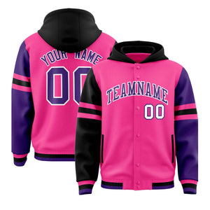 Custom Pink Black-Purple Raglan Sleeves Varsity Full-Snap Letterman Three Stripes Hoodie Jacket