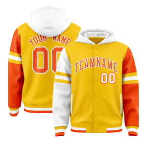 Custom Gold White-Orange Raglan Sleeves Varsity Full-Snap Letterman Three Stripes Hoodie Jacket