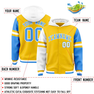 Custom Gold White-Powder Blue Raglan Sleeves Varsity Full-Snap Letterman Three Stripes Hoodie Jacket