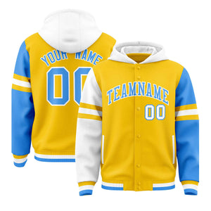 Custom Gold White-Powder Blue Raglan Sleeves Varsity Full-Snap Letterman Three Stripes Hoodie Jacket