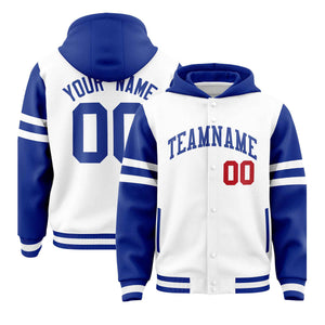 Custom White Royal Raglan Sleeves Varsity Full-Snap Letterman Three Stripes Hoodie Jacket