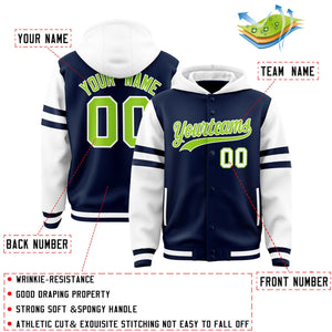 Custom Navy White Raglan Sleeves Varsity Full-Snap Letterman Three Stripes Hoodie Jacket