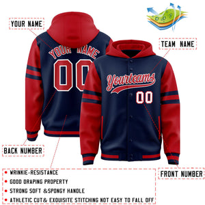 Custom Navy Red Raglan Sleeves Varsity Full-Snap Letterman Three Stripes Hoodie Jacket