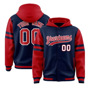 Custom Navy Red Raglan Sleeves Varsity Full-Snap Letterman Three Stripes Hoodie Jacket