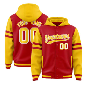 Custom Red Gold Raglan Sleeves Varsity Full-Snap Letterman Three Stripes Hoodie Jacket