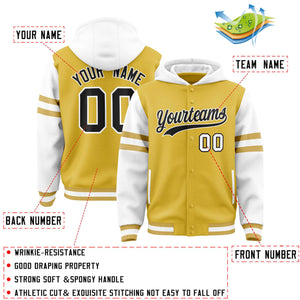 Custom Old Gold White Raglan Sleeves Varsity Full-Snap Letterman Three Stripes Hoodie Jacket