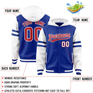 Custom Royal White Raglan Sleeves Varsity Full-Snap Letterman Three Stripes Hoodie Jacket