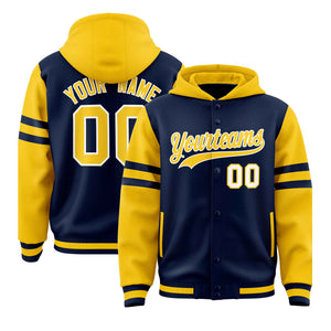 Custom Navy Gold Raglan Sleeves Varsity Full-Snap Letterman Three Stripes Hoodie Jacket