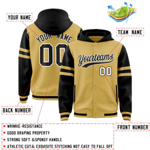 Custom Old Gold Black Raglan Sleeves Varsity Full-Snap Letterman Three Stripes Hoodie Jacket