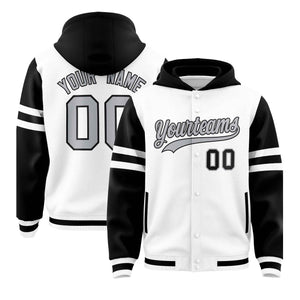 Custom White Black Raglan Sleeves Varsity Full-Snap Letterman Three Stripes Hoodie Jacket