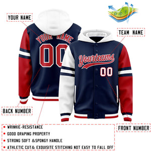 Custom Navy White-Red Raglan Sleeves Varsity Full-Snap Letterman Three Stripes Hoodie Jacket