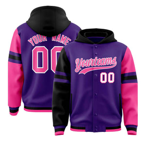 Custom Purple Black-Pink Raglan Sleeves Varsity Full-Snap Letterman Three Stripes Hoodie Jacket