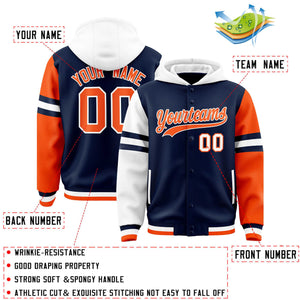 Custom Navy White-Orange Raglan Sleeves Varsity Full-Snap Letterman Three Stripes Hoodie Jacket