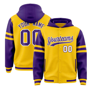 Custom Gold Purple Raglan Sleeves Varsity Full-Snap Letterman Three Stripes Hoodie Jacket