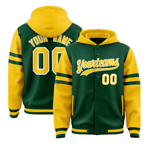 Custom Green Gold Raglan Sleeves Varsity Full-Snap Letterman Three Stripes Hoodie Jacket