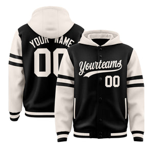 Custom Black Cream Raglan Sleeves Varsity Full-Snap Letterman Three Stripes Hoodie Jacket