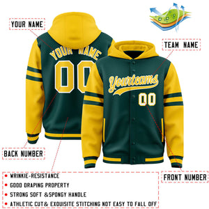 Custom Midnight Green Gold Raglan Sleeves Varsity Full-Snap Letterman Three Stripes Hoodie Jacket