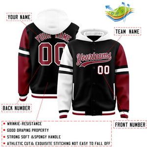 Custom Black White-Crimson Raglan Sleeves Varsity Full-Snap Letterman Three Stripes Hoodie Jacket