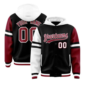 Custom Black White-Crimson Raglan Sleeves Varsity Full-Snap Letterman Three Stripes Hoodie Jacket