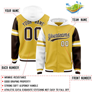 Custom Old Gold White-Brown Raglan Sleeves Varsity Full-Snap Letterman Three Stripes Hoodie Jacket