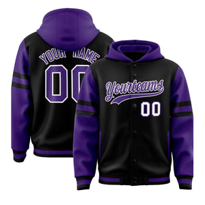 Custom Black Purple Raglan Sleeves Varsity Full-Snap Letterman Three Stripes Hoodie Jacket