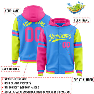 Custom Powder Blue Pink-Fluorescent Green Raglan Sleeves Varsity Full-Snap Letterman Three Stripes Hoodie Jacket